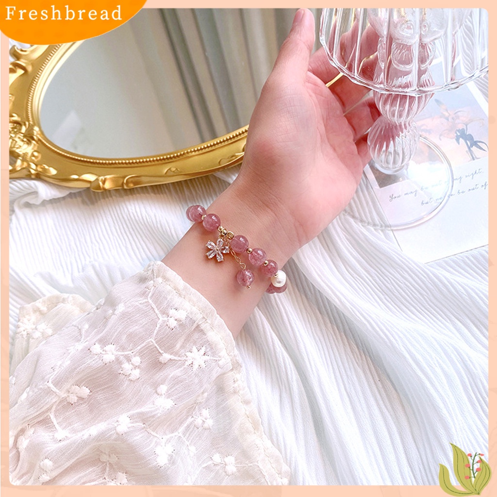 &lt; Freshbread &gt; Wanita Gelang Manik-Manik Manis Mutiara Imitasi Bunga Cubic Zirconia Hadiah Hias Pink Faux Kristal Manik-Manik Bangle Perhiasan Aksesori Busana