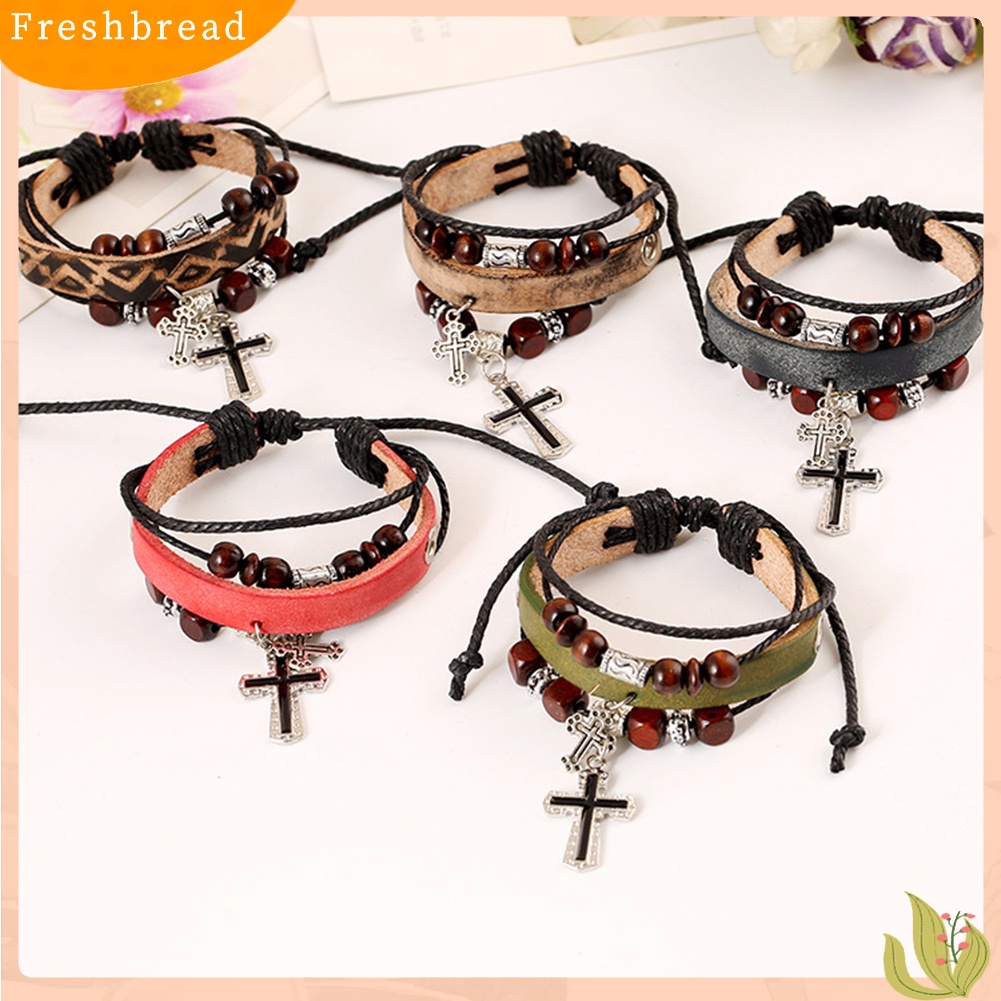 &lt; Freshbread &gt; Vintage The Cross Pendant Multilayer Beads Kulit Imitasi Kepang Gelang Bangle