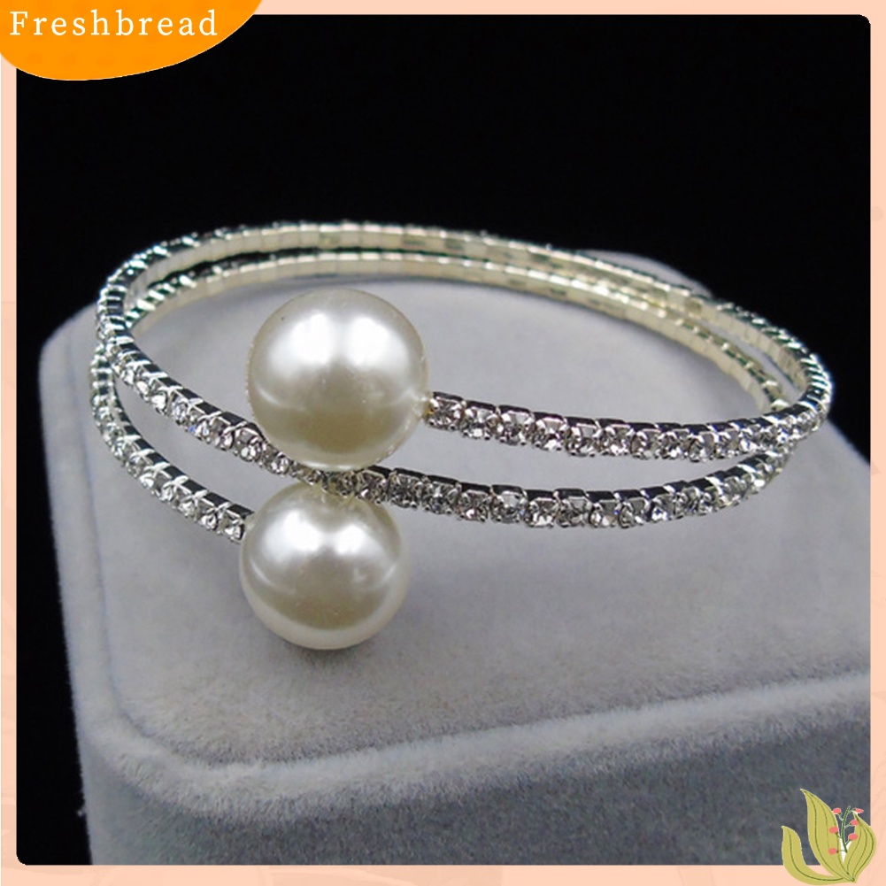 &lt; Freshbread &gt; Wanita Penuh Berlian Imitasi Multi-layer Gelang Pergelangan Tangan Mutiara Imitasi Cuff Open Bangle