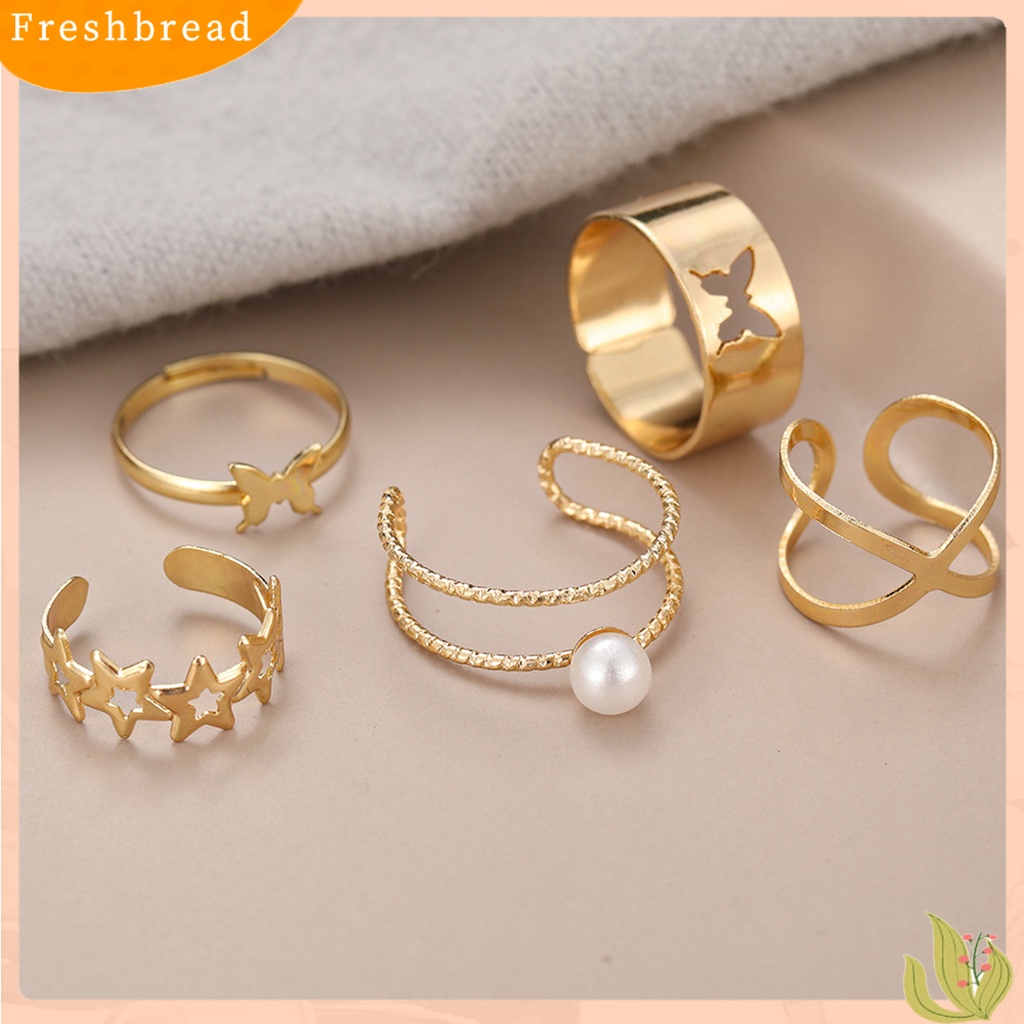 &lt; Freshbread &gt; 5Pcs Cincin Jari Berongga Keluar Bintang Kupu-Kupu Perhiasan Vintage Stackable Rings Untuk Pakaian Sehari-Hari