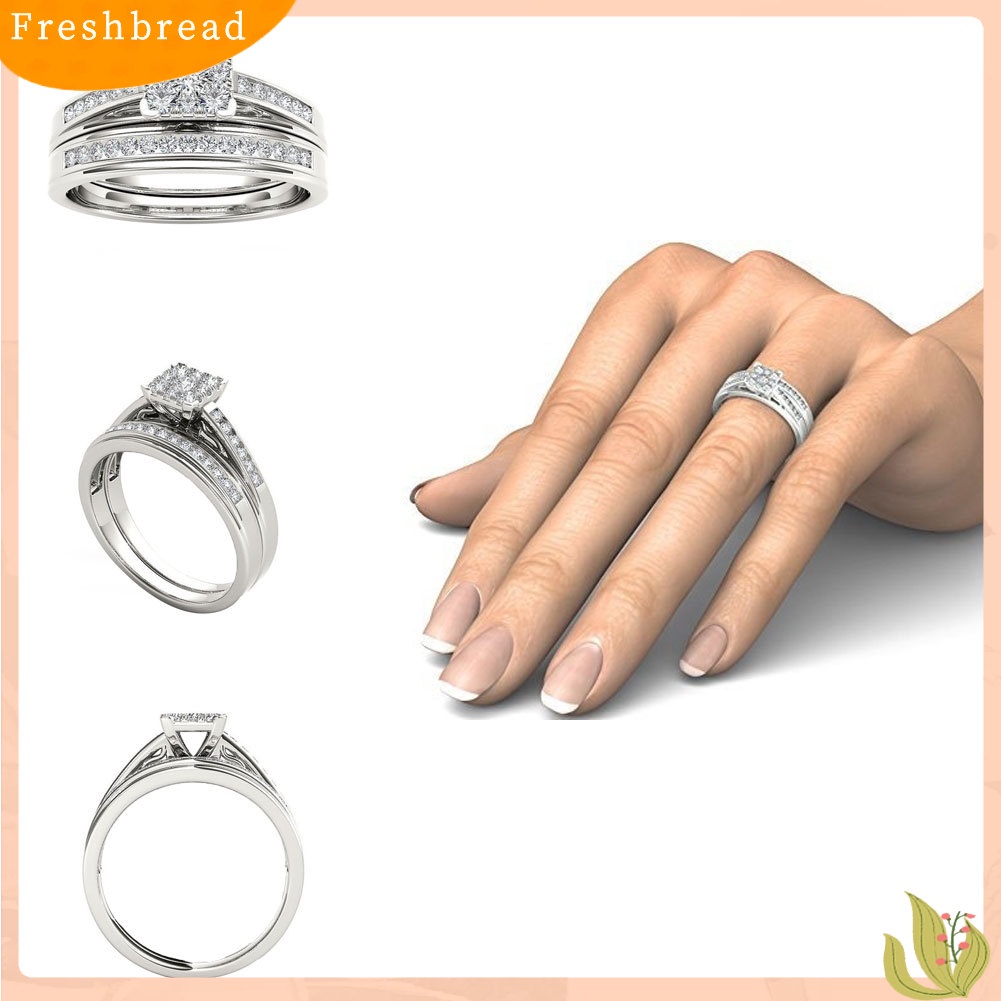 &lt; Freshbread &gt; Mewah Persegi Zirkon Lapisan Ganda Pertunangan Pengantin Cincin Perhiasan Jari Pernikahan