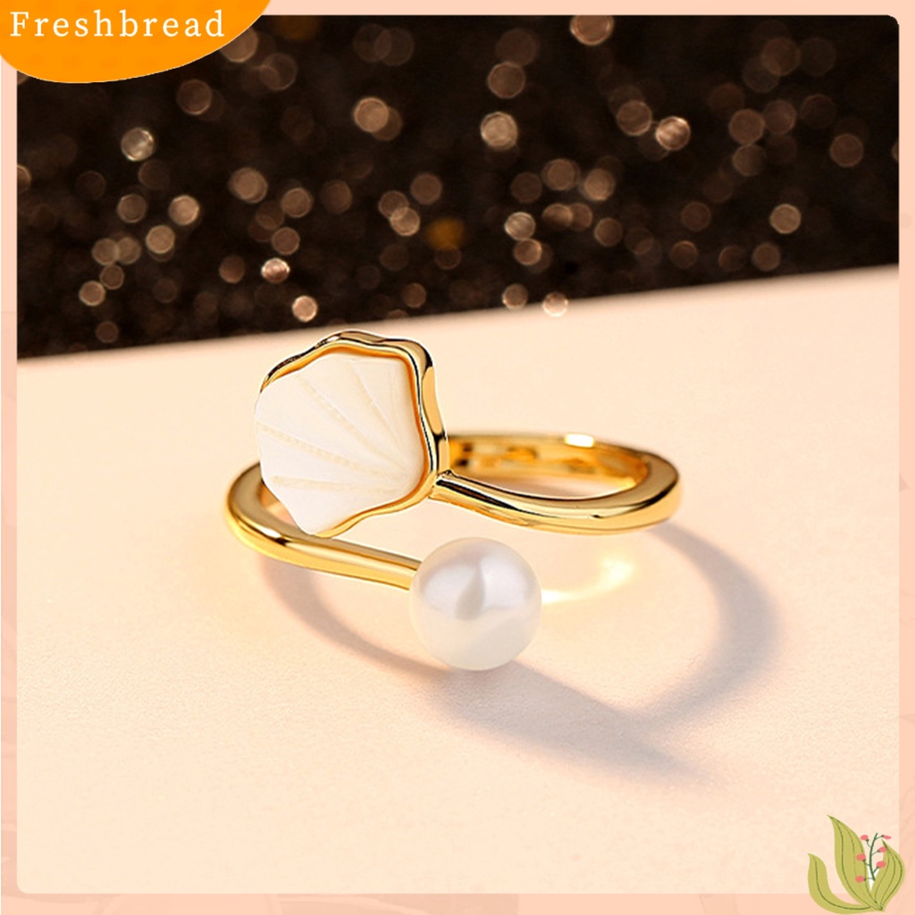 &lt; Freshbread &gt; Wanita Cincin Buatan Mutiara Bentuk Kerang Adjustable Terbuka Vintage Hias Luster Halus Tepi Buku Jari Cincin Untuk Prom