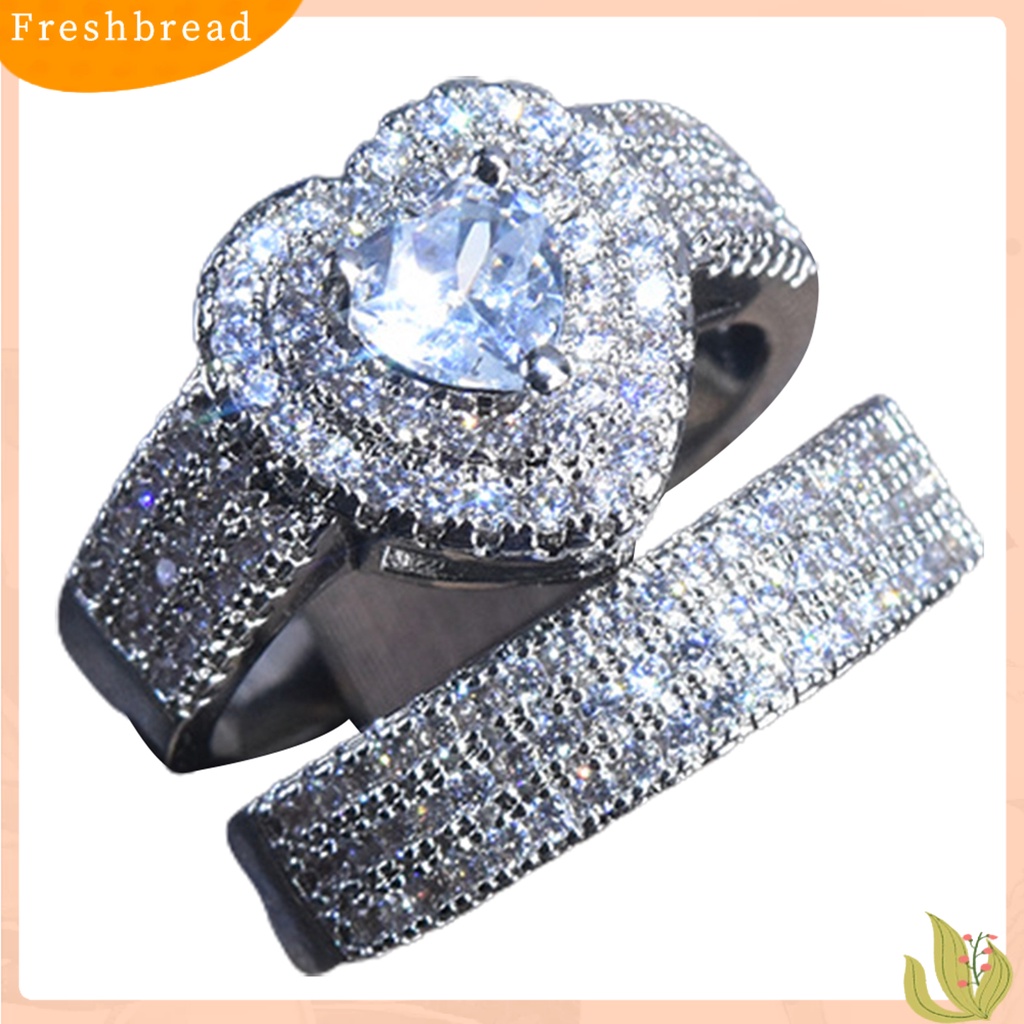 &lt; Freshbread &gt; 2Pcs/Set Cincin Pengantin Berlian Imitasi Mengkilap Mewah Geometris Indah Perhiasan Hadiah Menawan Kekasih Bentuk Hati Janji Cincin Perhiasan Aksesori