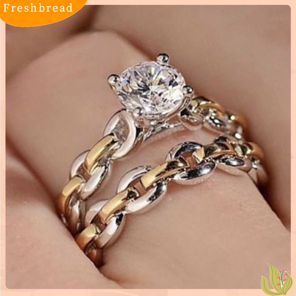 &lt; Freshbread &gt; 2Pcs/Set Rantai Permukaan Halus Pernikahan Band Alloy Two-tone Berlian Imitasi Wanita Rings Charm Jewelry