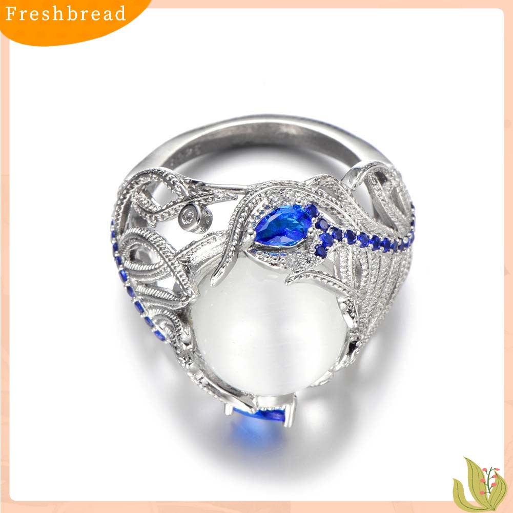 &lt; Freshbread &gt; Wanita Faux Sapphire Opal Hias Bulu Merak Jari Cincin Hadiah Perhiasan Pernikahan