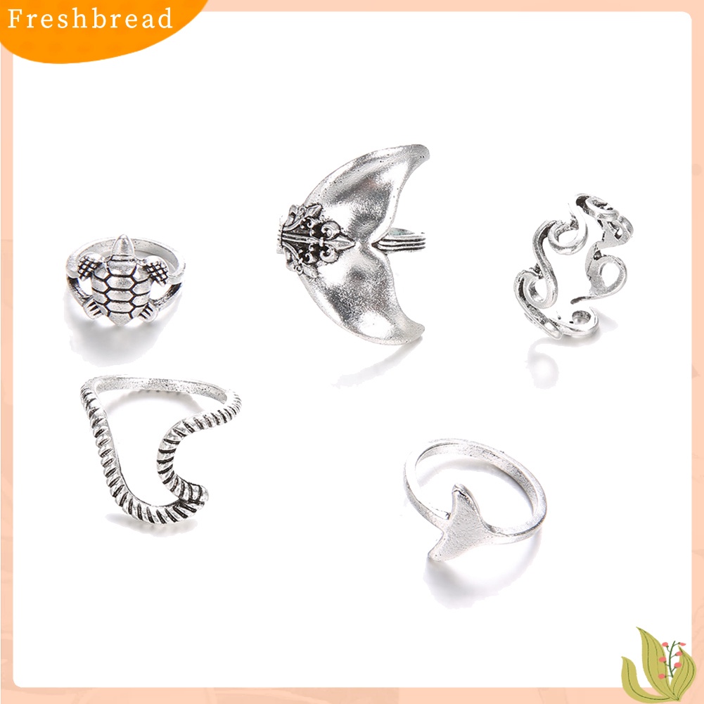 &lt; Freshbread &gt; 5Pcs/Set Boho Wanita Turtle Wave Whale Tail Knuckle Midi Jari Cincin Perhiasan