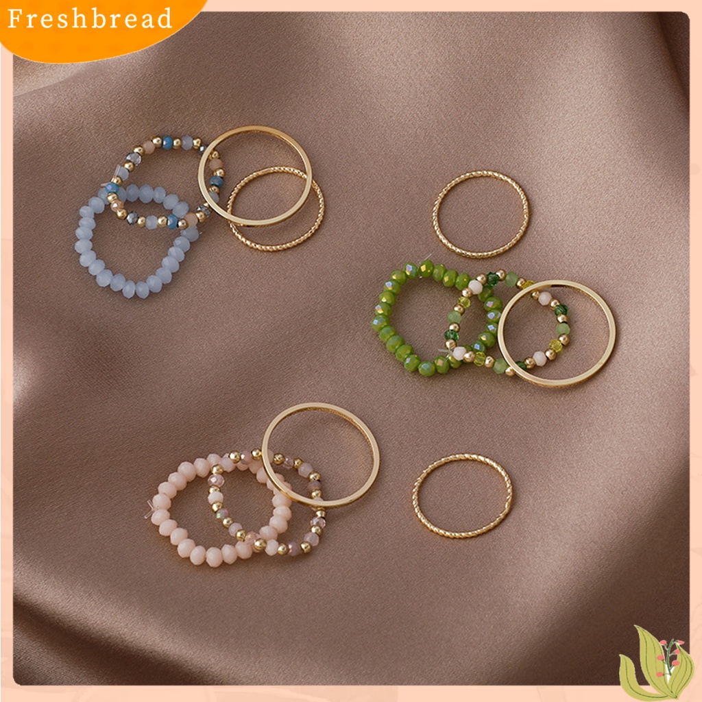 &lt; Freshbread &gt; 4Pcs/Set Wanita Cincin Bohemian Vintage Manik-Manik Peregangan Tali Semua Pertandingan Dekorasi Hadiah Kristal Imitasi Manik-Manik Warna-Warni Pesta Jari Cincin Perhiasan Fashion Untuk Pakaian Sehari-Hari