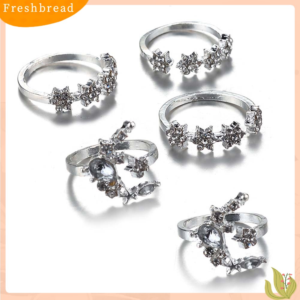 &lt; Freshbread &gt; 5Pcs/Set Fashion Wanita Berlian Imitasi Hias Bulan Bintang Bunga Susun Midi Cincin