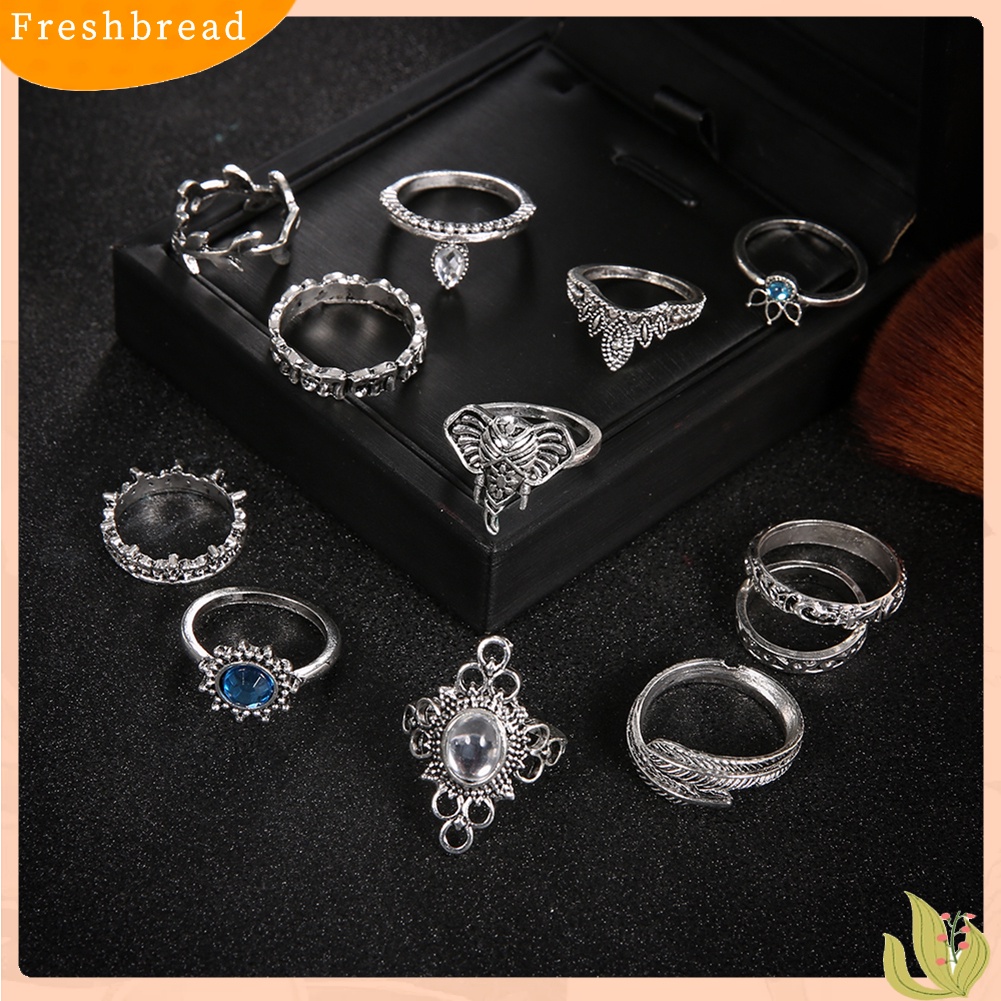 &lt; Freshbread &gt; 12 Pcs Wanita Vintage Boho Faux Gemstone Rhinestone Jewelry Buku Jari Susun Rings