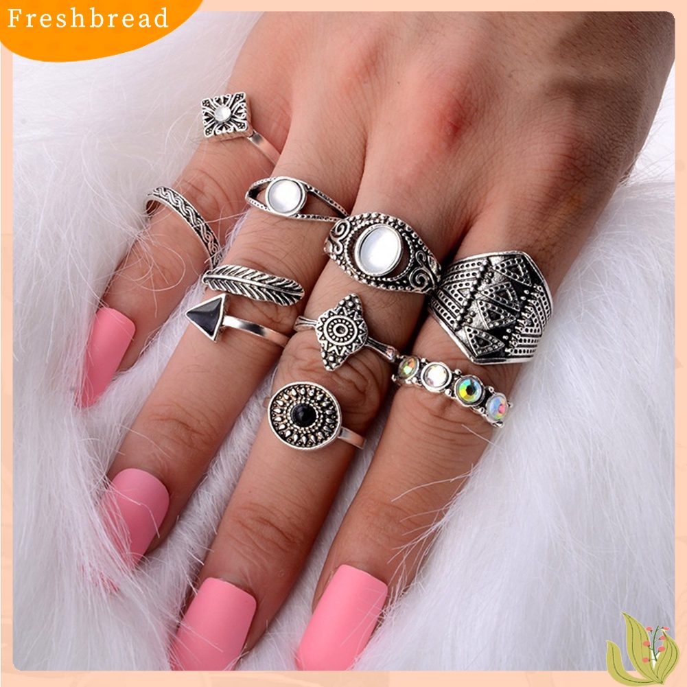 &lt; Freshbread &gt; 10Pcs/Set Boho Wanita Retro Sun Feather Arrow Ukir Buku Jari Midi Susun Rings