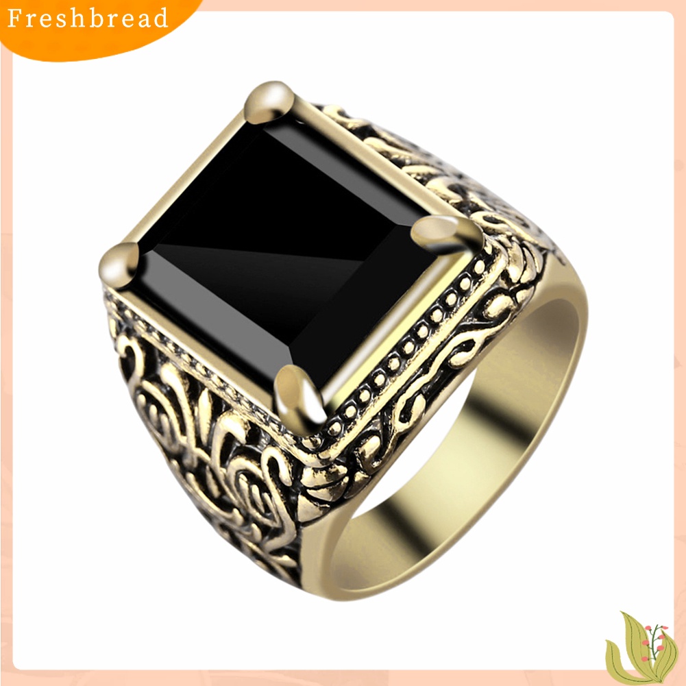 &lt; Freshbread &gt; Chinese Totem Vintage Square Resin Pria Perjamuan Cincin Lebar Band Jari Perhiasan