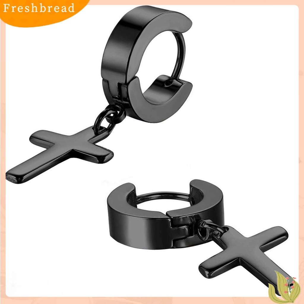 &lt; Freshbread &gt; 1pasang Ear Dangle Cross Pendant Anting Hoop Berengsel Huggie Stainless Steel Ramah Lingkungan Untuk Pria