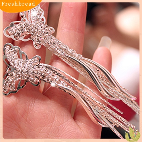 &lt; Freshbread &gt; Berlian Imitasi Wanita Kupu-Kupu Bulan Sabit Drop Jumbai Panjang Anting Linear