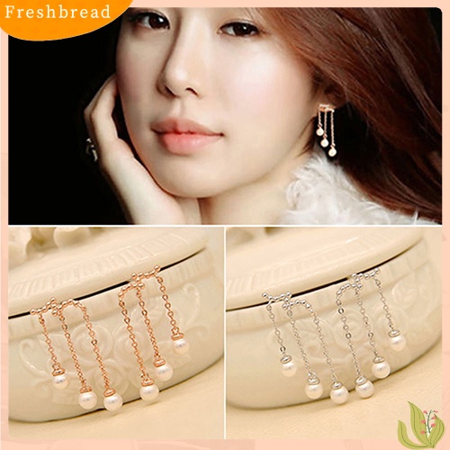 &lt; Freshbread &gt; Wanita Elegan Mutiara Imitasi Drop Menjuntai Rumbai Telinga Stud Anting Perhiasan Charms