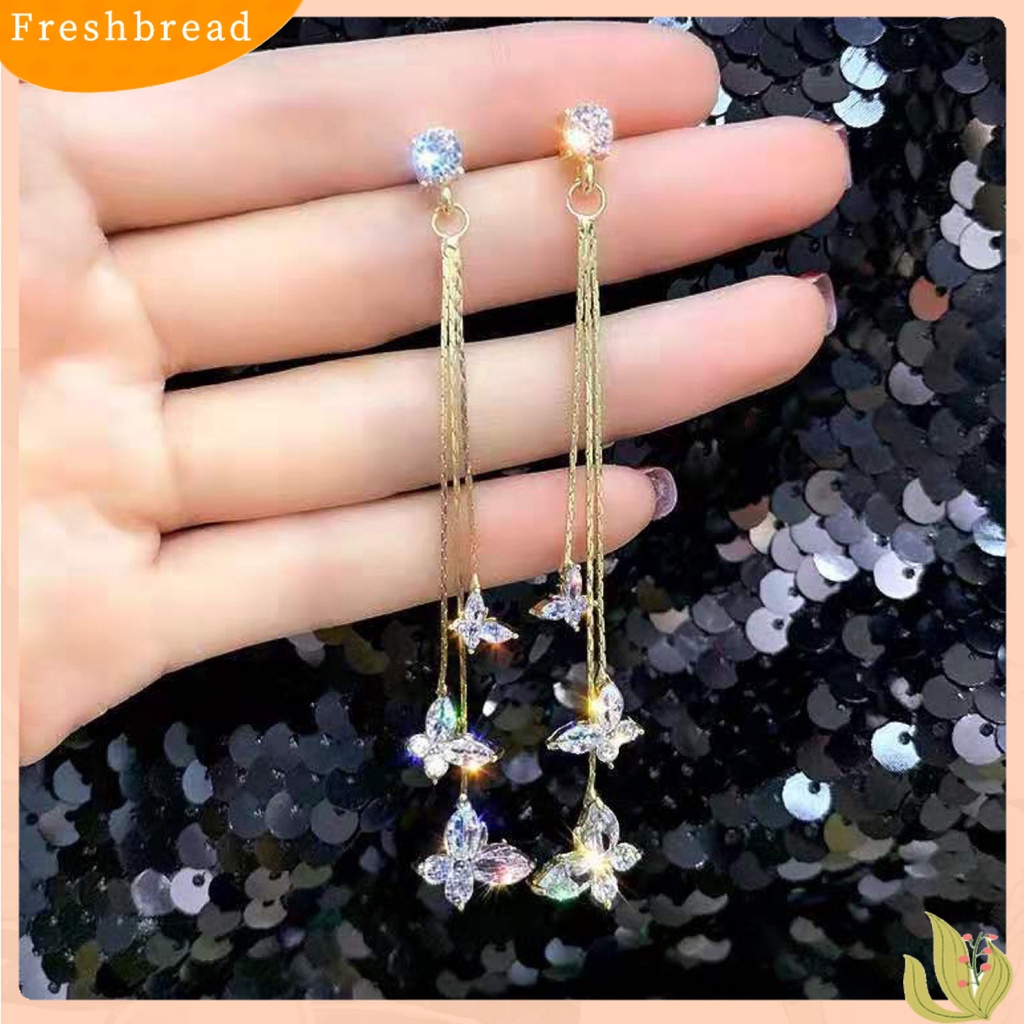 &lt; Freshbread &gt; 1pasang Wanita Linear Anting Gaya Bohemia Shiny Cubic Zirconia Rumbai Bentuk Kupu-Kupu Drop Earrings Perhiasan Pacaran