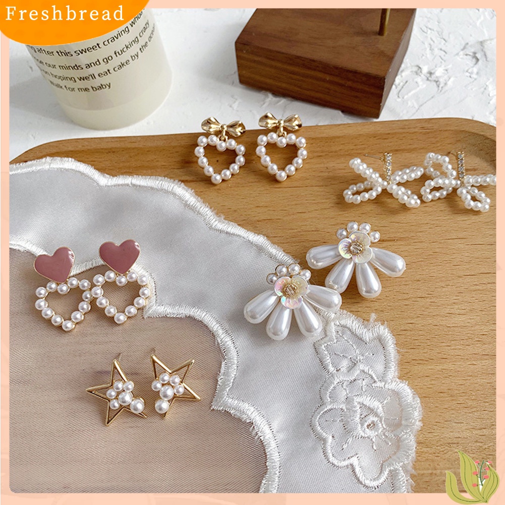 &lt; Freshbread &gt; Fashion Wanita Mutiara Imitasi Busur Bunga Hati Telinga Stud Bintang Anting Perhiasan Hadiah