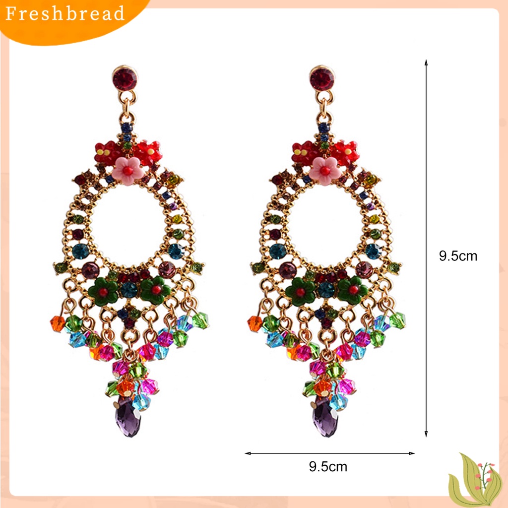 &lt; Freshbread &gt; 1pasang Anting Menjuntai Cantik Rumbai Manik Bunga Bohemian Warna-Warni Berlian Imitasi Drop Earrings Untuk Pacaran