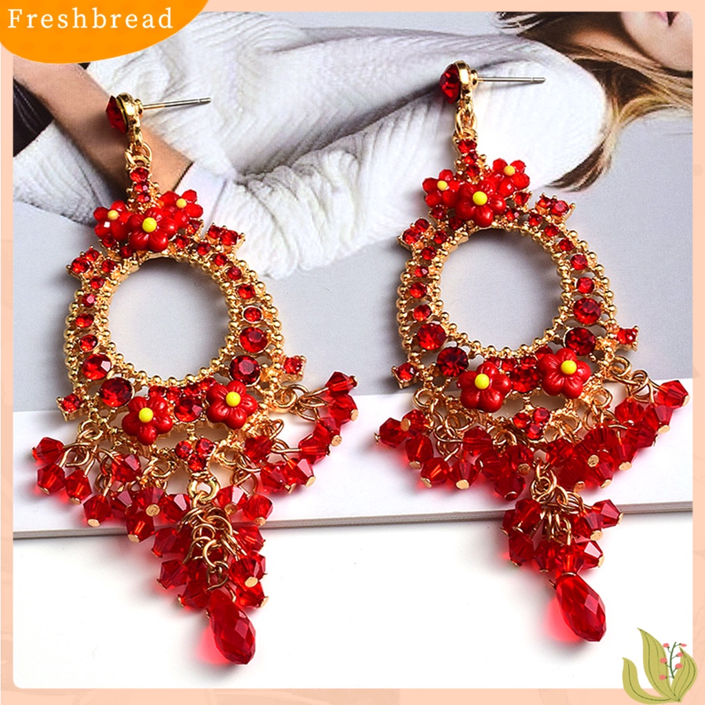 &lt; Freshbread &gt; 1pasang Anting Menjuntai Cantik Rumbai Manik Bunga Bohemian Warna-Warni Berlian Imitasi Drop Earrings Untuk Pacaran