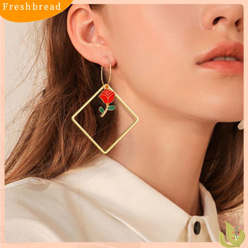 &lt; Freshbread &gt; Fashion Wanita Berongga Persegi Lebah Cherry Rose Panjang Menjuntai Hoop Earrings Perhiasan