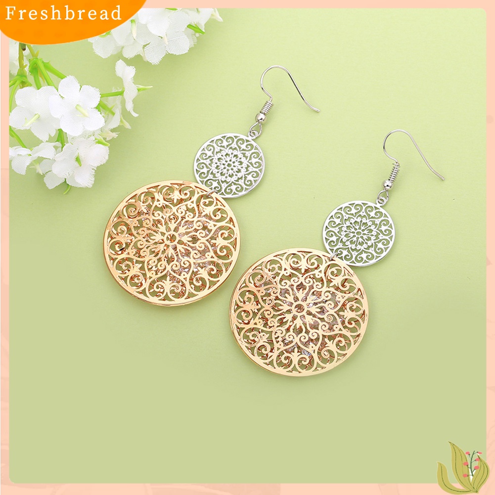 &lt; Freshbread &gt; Fashion Wanita Lapisan Ganda Diukir Kerawang Drop Menjuntai Liontin Anting Perhiasan