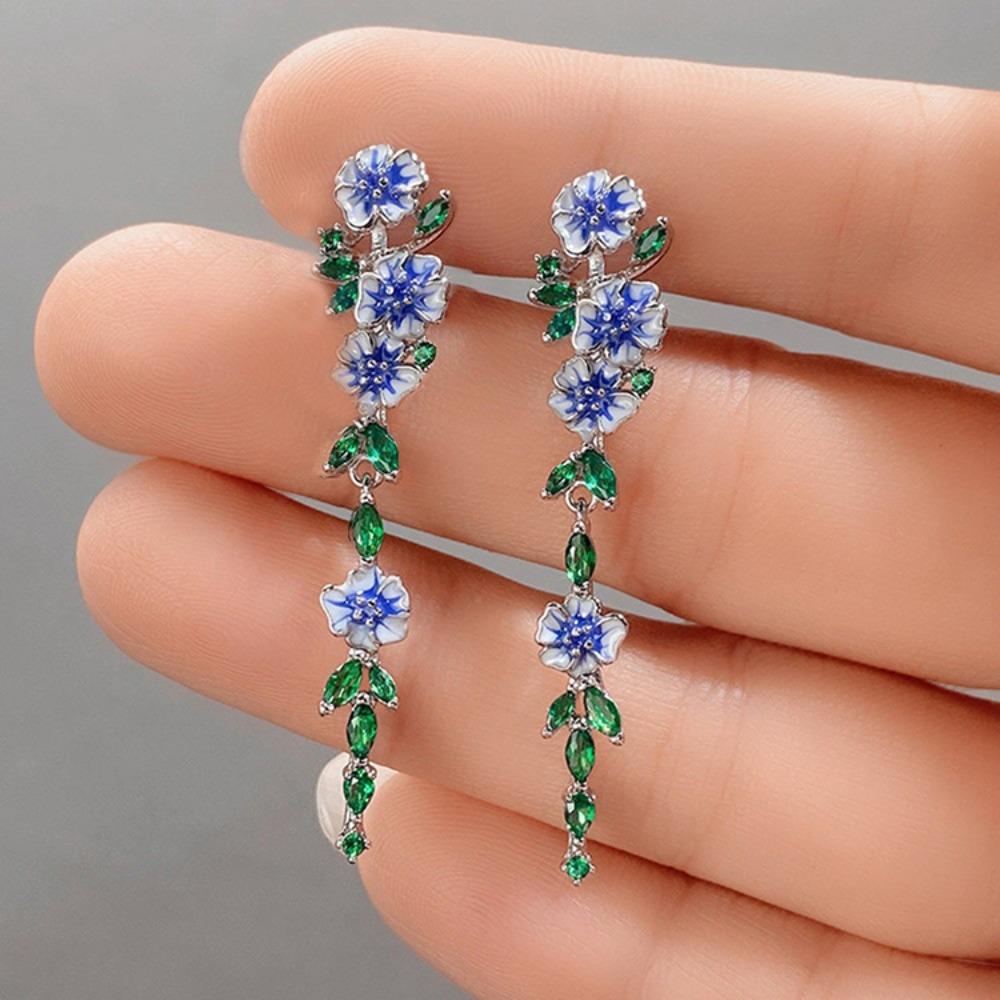 Lily Anting Gantung Panjang Wanita Bunga Biru Romantis Ear Studs