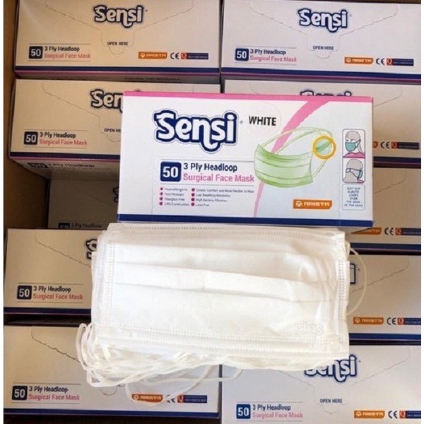 TERMURAH Sensi Masker Hijab Headloop / Masker Muka 3Ply SENSI 1 BOX 50 Pcs Mask - Putih