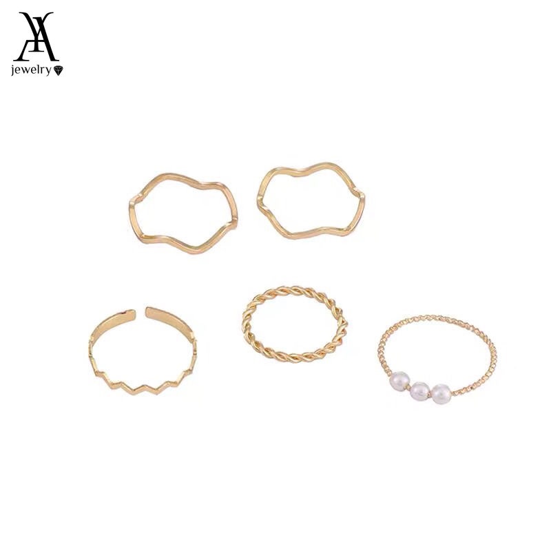 AY(CN) Ifyou Set Cincin Metal Desain Geometri Hias Mutiara Gaya Korea Aksesoris Wanita