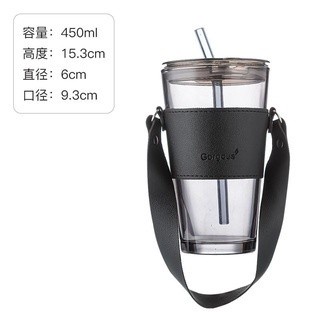 Gelas Tumbler Kaca Sedotan Dan Tutup Bertali 450ml With Strap CK8