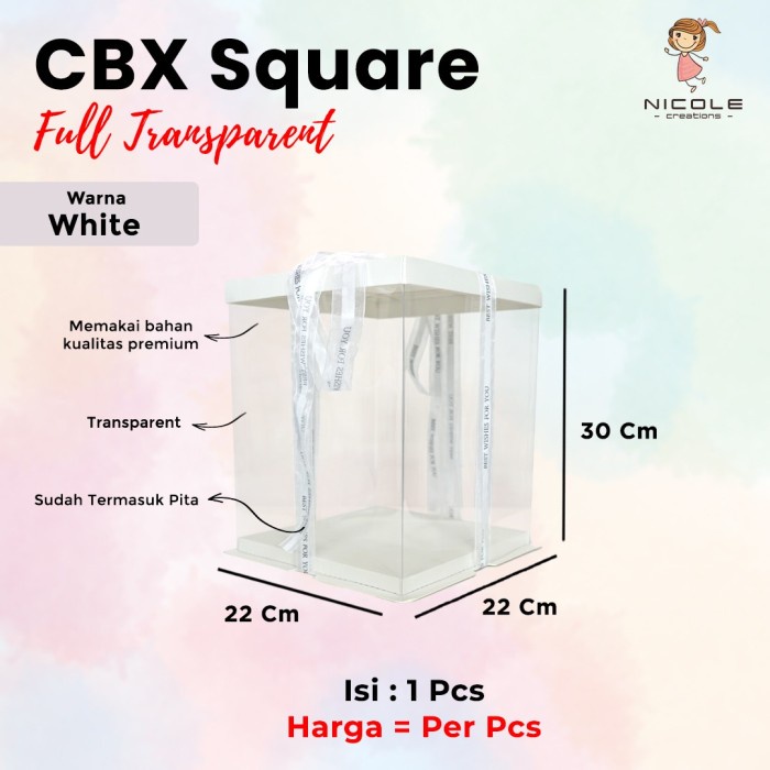 

Cake Box Full Transparant Square Mika/ Packaging Kue 22x22x 30 cm