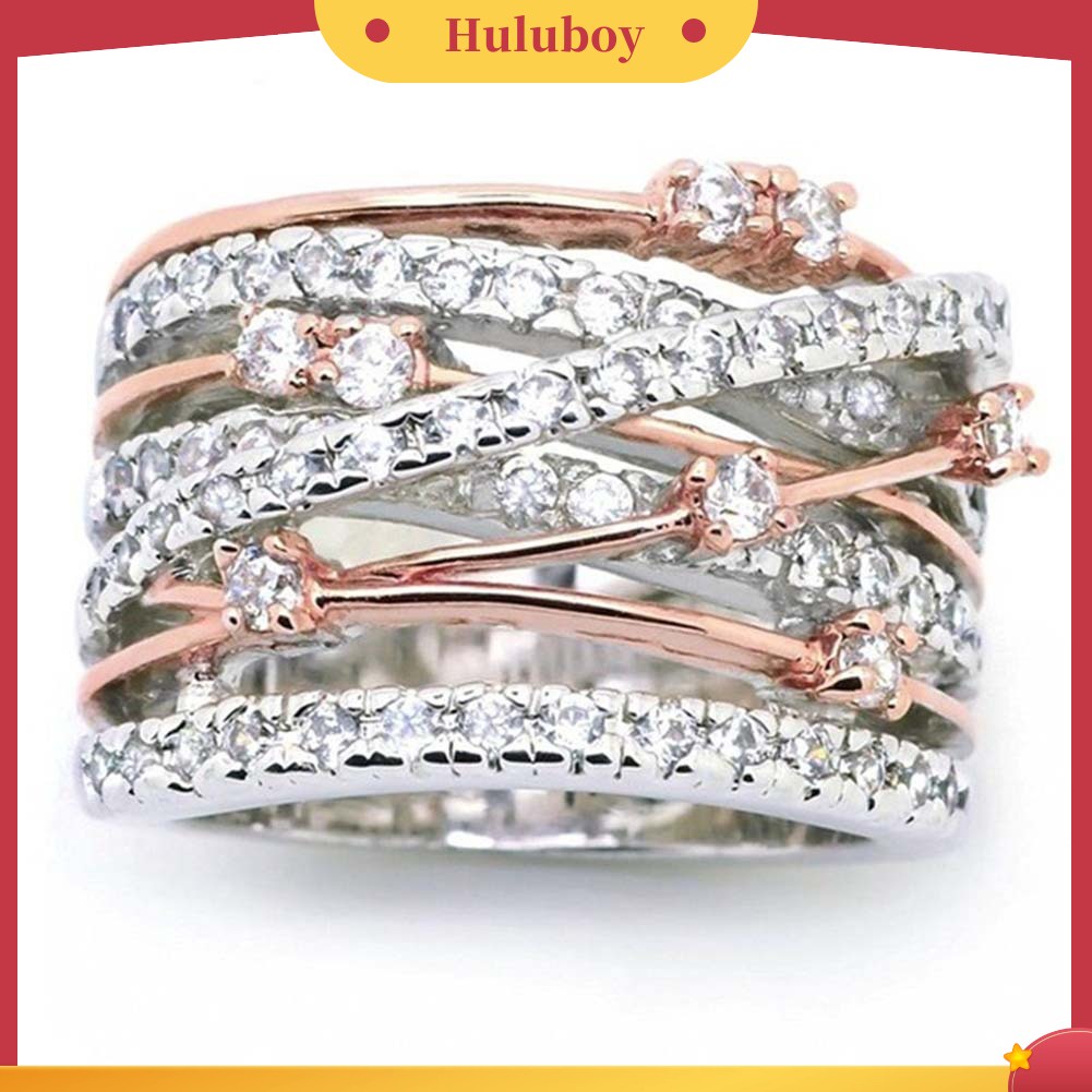 {Ready Stock} Wanita Berlian Imitasi Bertatahkan Crossover Lebar Band Jari Cincin Hadiah Perhiasan Pernikahan