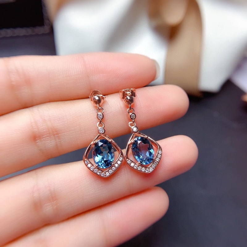 Goldkingdom Fashion Perhiasan Aksesoris Ready Stock Alami London Blue Topaz Batu Anting Wanita Rose Gold Plated Earrings Anting