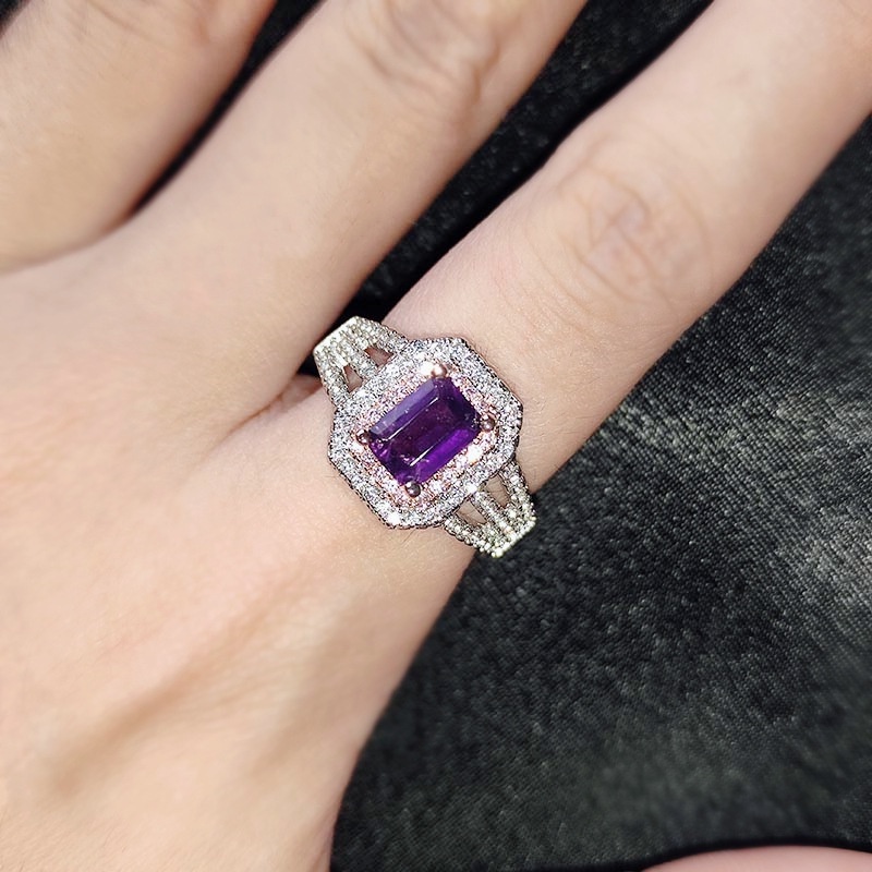 Goldkingdom Fashion Perhiasan Aksesoris Ready Stock Alami Olivine Cincin Wanita Natural Amethyst Emerald Cut Two Tone Open Ended Colored Treasure Ring