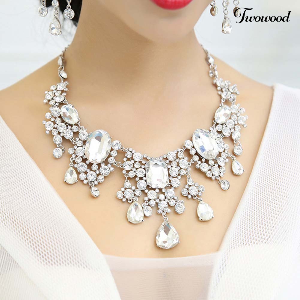 Twowood 2Pcs/Set Shiny Full Rhinestone Tassel Bridal Statement Bib Kalung Anting