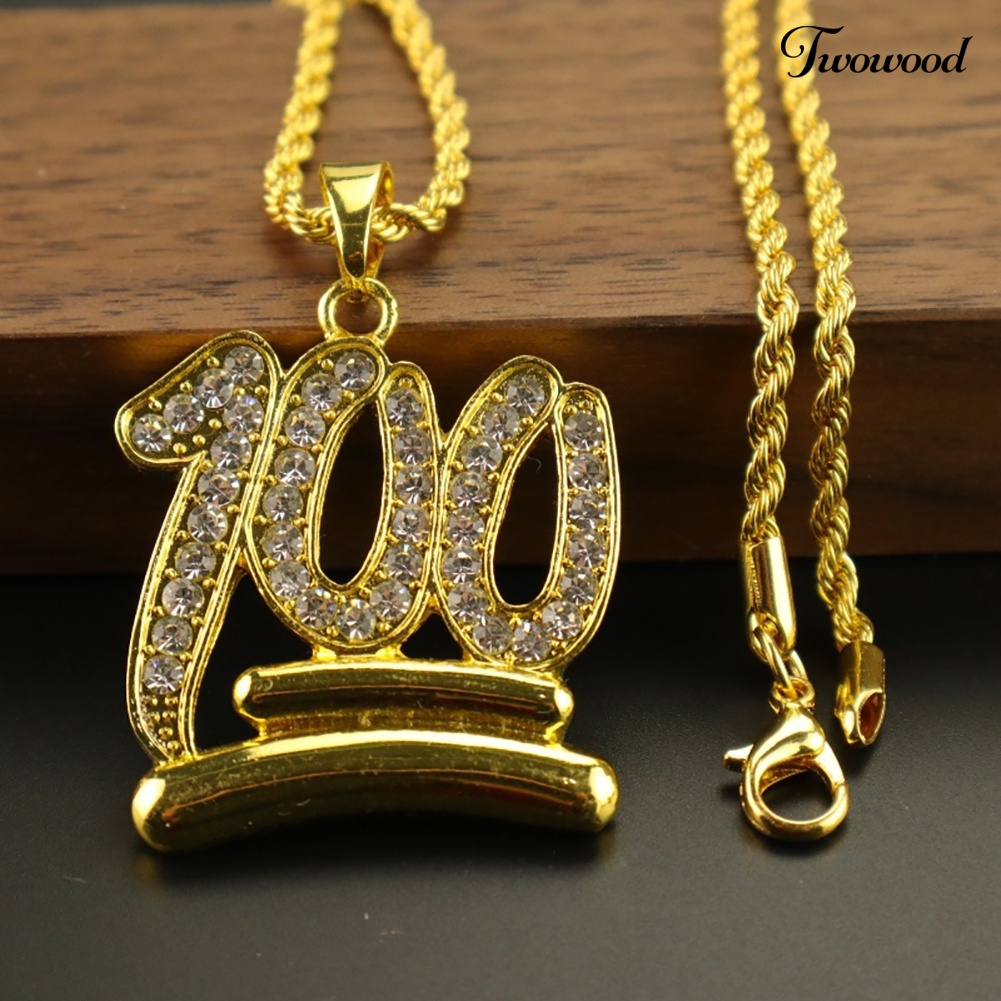 Twowood Pria Hip Hop Twist Rantai Berlian Imitasi Nomor100 Liontin Kalung Street Jewelry