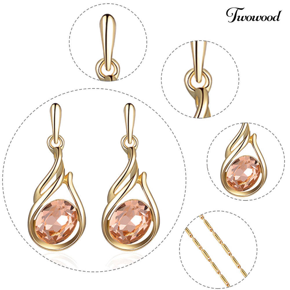 Twowood Wanita Berlian Imitasi Oval Faux Quartz Pendant Ear Stud Earrings Kalung Set Perhiasan