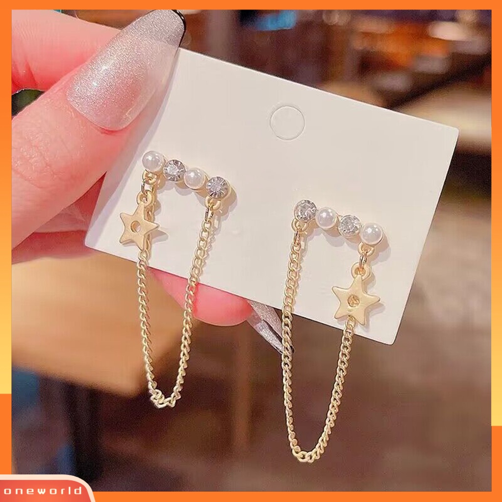 [OWR] 1pasang Drop Earrings Golden Chain Star Charm Mutiara Imitasi Kepribadian Berlian Imitasi Bertatahkan Wanita Stud Earrings Fashion Jewelry