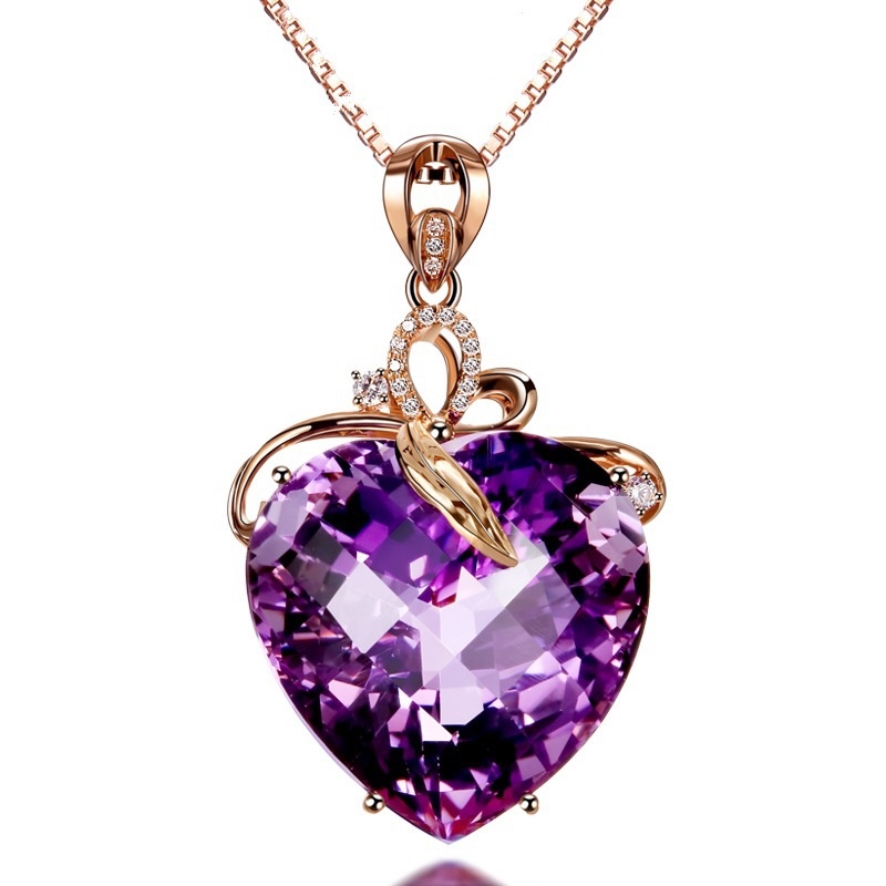 Goldkingdom Fashion Perhiasan Aksesoris Ready Stock Mewah Berbentuk Hati Amethyst Liontin Emas 18K Permata Warna-Warni Amethyst Kalung Perempuan