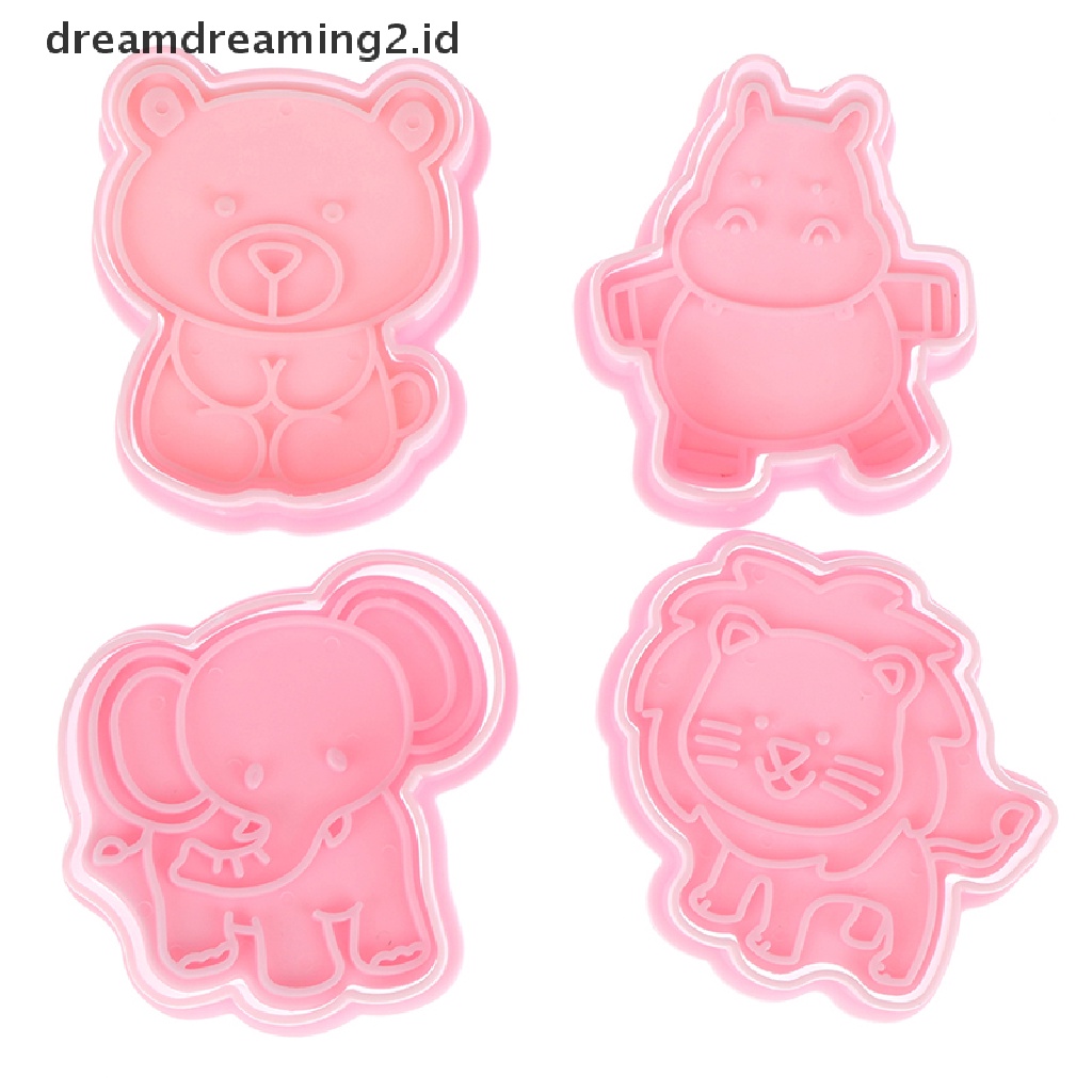 (hot) 4pcs/set Kartun Gajah Singa Hippo Bear Hewan Cookie Cutter Biskuit Baking Buah Dapur Kue Cetakan Alat Embos Pring Fondant Kue Pastry Mold//