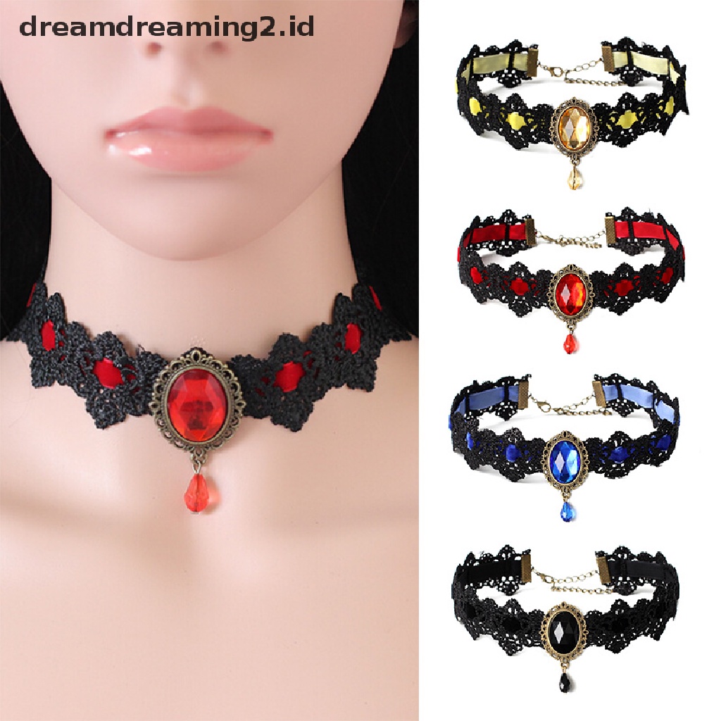 (hot) Kalung Renda Hitam Kerah Choker Beludru Kristal Vintage Gothic Rantai Liontin//