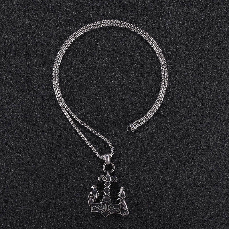 [Z H Perhiasan] Vintage Hip Hop Viking Logo Thor Palu Gagak Dan Serigala Liontin Pria Dan Wanita Fashion Stainless Steel Kalung Punk Pesta Rock Perhiasan Aksesoris