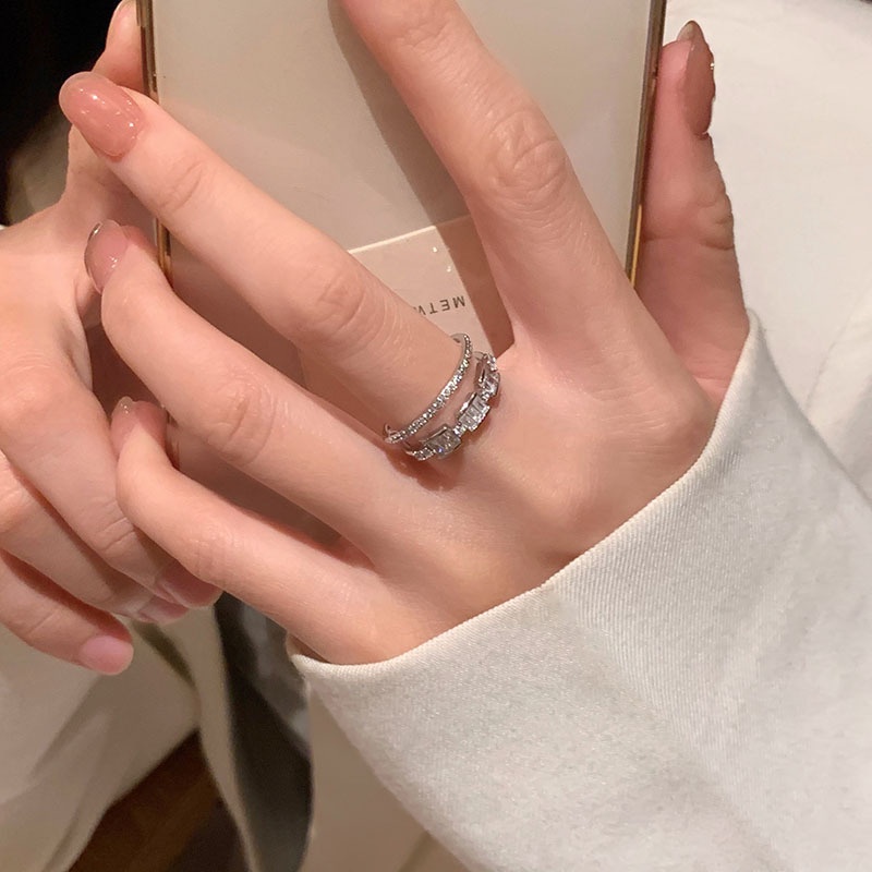 Cincin Zircon Lapis Ganda Kristal Berlian Pembukaan Dapat Disesuaikan Jari Telunjuk Rings Untuk Perhiasan Aksesoris Wanita