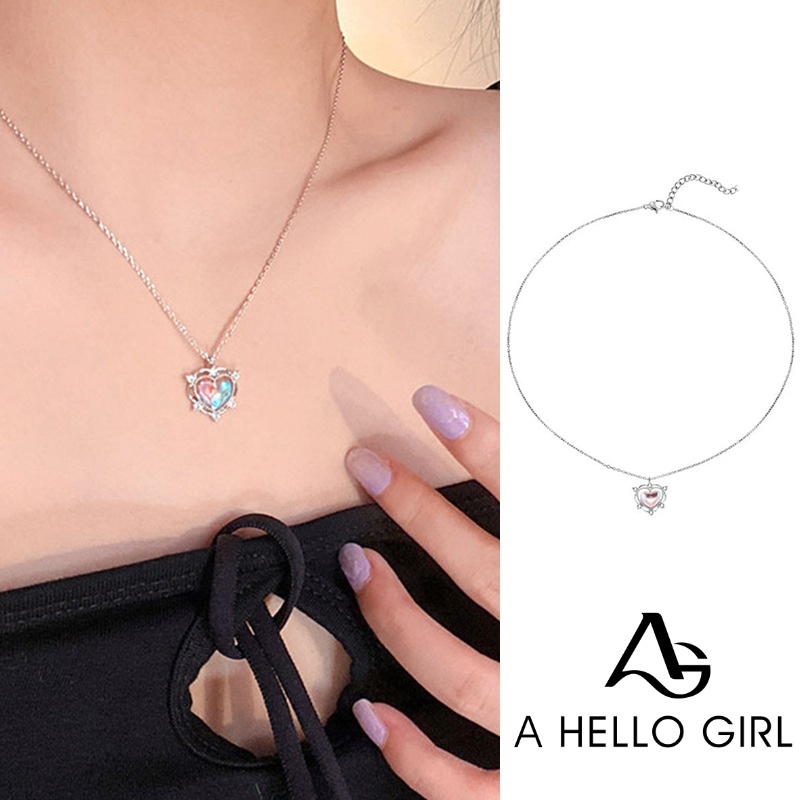 Ahellogirl2023musim Panas Baru Moonstone Magic Heart Pendant Kalung Rantai Klavikula