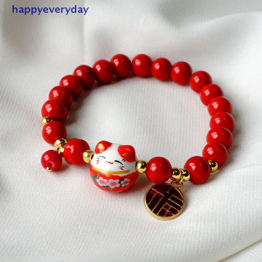 [happy] Red Beads Ceramic Bracelet Gelang Tangan Anyaman Tali Manik Plutus Cat Stretch [ID]