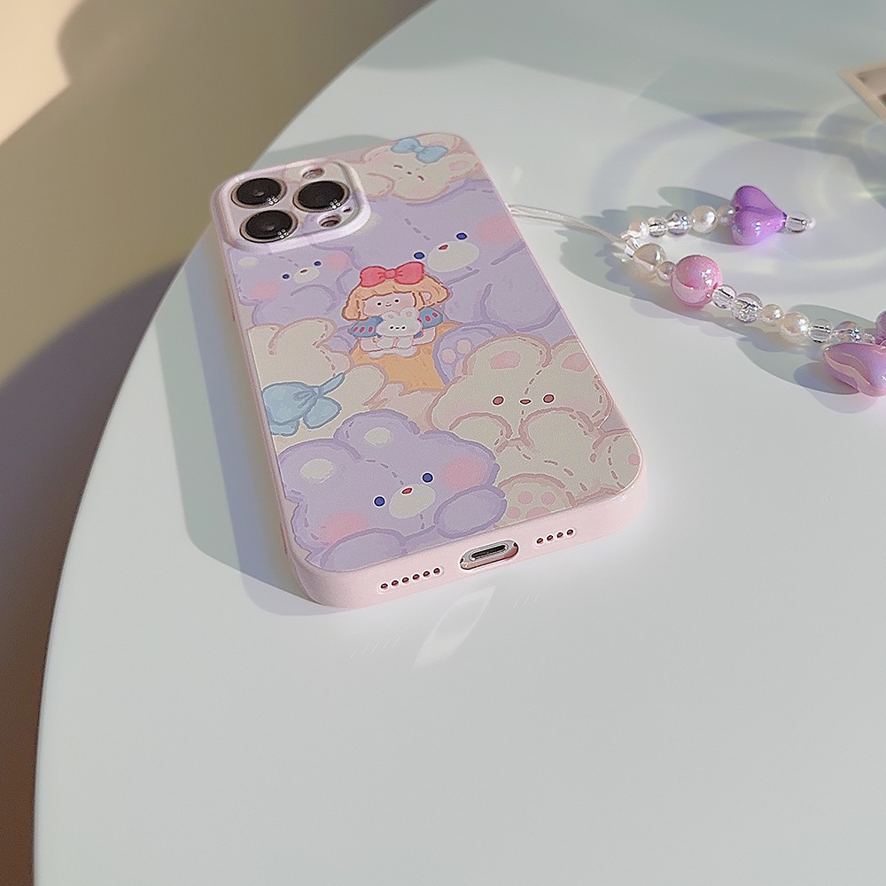 IPHONE Kartun Putri Salju Putih Ungu Muda Perlindungan Penuh Casing Ponsel Cover Manik-Manik Hati Liontin Untuk Iphone11 12 13 14 PLUS PRO MAX