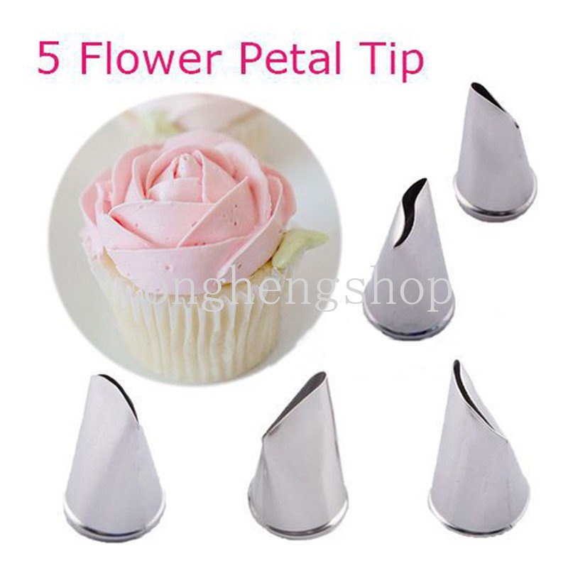 5pcs/set Kelopak Bunga Mawar Stainless Steel Icing Piping Nozzle Dessert Maker Cream Tips DIY Fondant Kue Cupcake Dekorasi Baking Pastry Alat