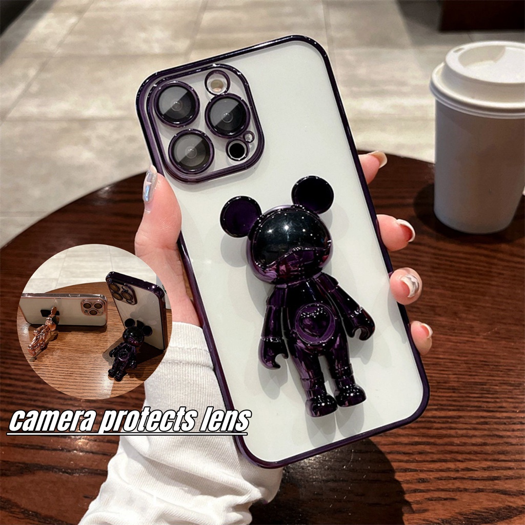 Casing Lensa Pelindung Kamera Mewah iPhone 14 Pro Max Dengan stand Case13 12 Pro Max14 Plus 11 Pro MAX3D Kartun Mickey Transparan TPU Perlindungan shock soft case