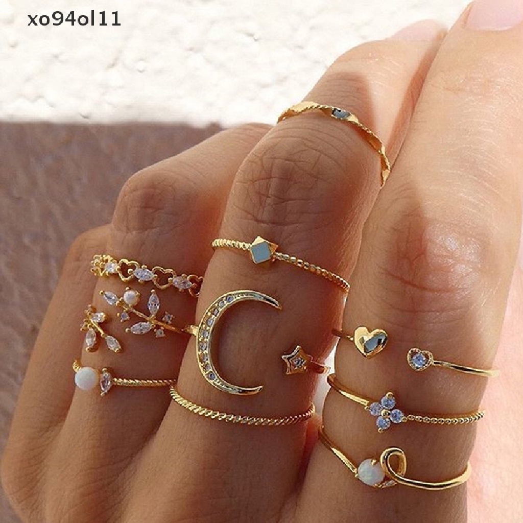 Xo 10Pcs/set Cincin Bulan Bintang Wanita Gadis Bohemian set Perhiasan Hadiah Aksesoris OL