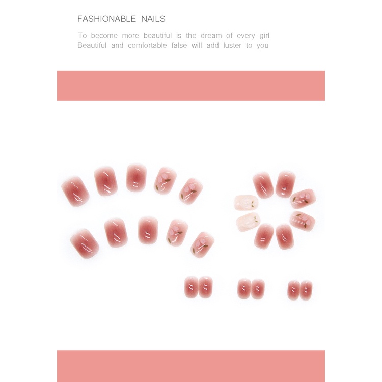 24pcs Set Kuku Palsu 3D Peach Panjang Camelia Fake Nails with Sticker