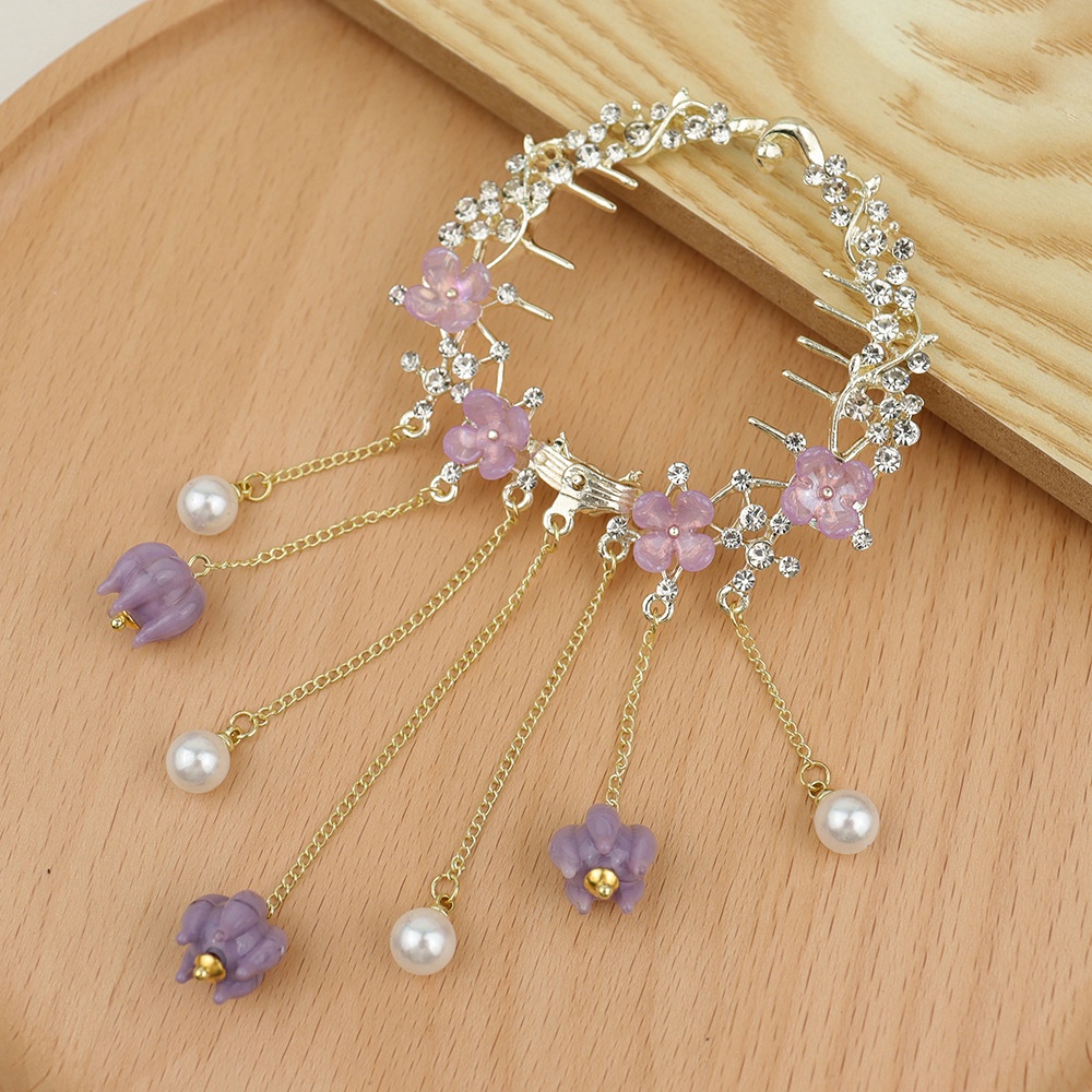 Amethyst Flower Tassel Balls Head Plate Hair Buckle Hair Clip/Bagian Belakang Kepala Bola Head Coil Hair Ponytail Buckle/Hiasan Kepala Pengantin Super Peri Elegan Aksesoris Rambut