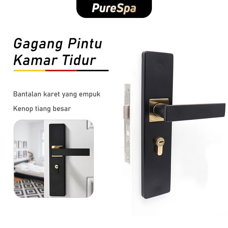 PureSpa Set pegangan pintu gaya Eropa Gagang pintu kamar tidur Set Kunci Pintu Gagang Pintu Senyap